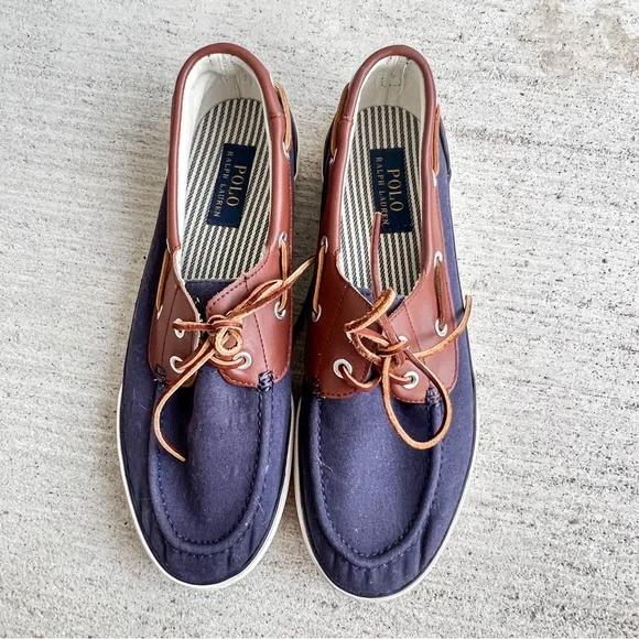 Polo Ralph Lauren Navy Brown Boat Shoes Size Leather